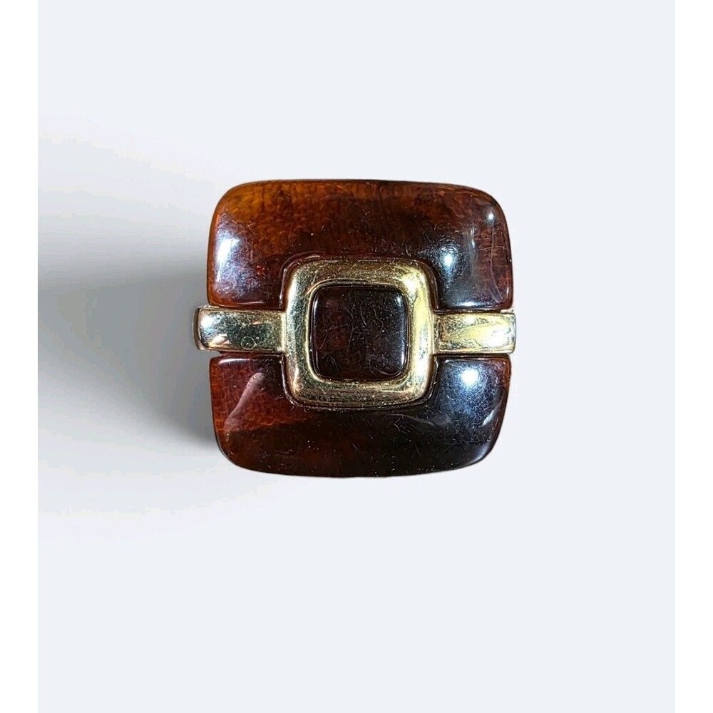 Vintage Tortoiseshell Resin Square Brooch Gold Tone Geometric Statement Pin